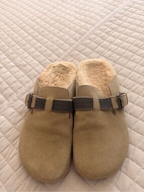 Cozy Suede Shearling-Lined Mules in Tan Leather